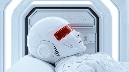 Poster - Futuristic robot lying in a sleek, high-tech environment with red visor and white armor.