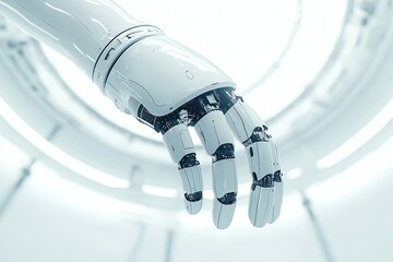 Poster - Futuristic robotic hand reaching out in a sterile environment, showcasing advanced engineering and design.