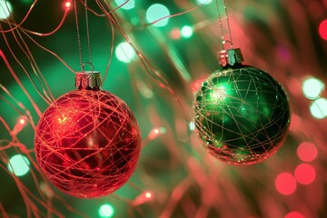 Poster - Colorful Christmas ornaments dangle amidst a warm glow of lights, creating a vibrant and joyful holiday atmosphere perfect for celebrations. Generative AI