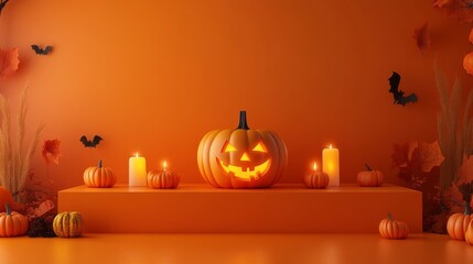 Halloween display podium for product showcase with 3D Jack O' Lantern pumpkins and candlelight, on an orange paper graphic background