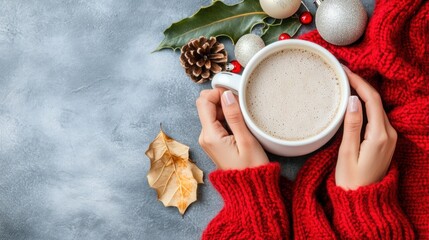 A person holds a warm cup of coffee, dressed in a red sweater, while surrounded by holiday decorations like pine cones, ornaments, and leaves, evoking a cozy winter atmosphere