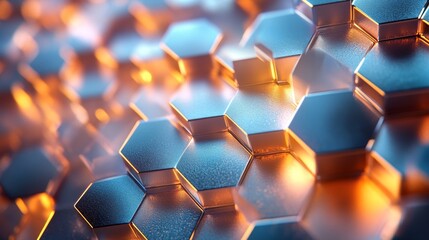 Leinwandbilder - This artwork highlights a detailed arrangement of hexagonal metallic shapes illuminated by warm light, creating a mesmerizing visual effect. The interplay of light and shadow accentuates the texture.