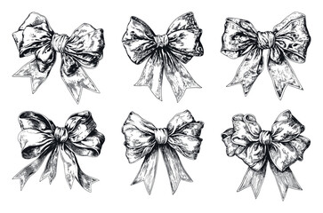 Wall Mural - Vintage Gift Bows Antique Monochrome Engraving Vintage Illustration On White Background Classic Design Retro Art Detailed Graphic Black And White