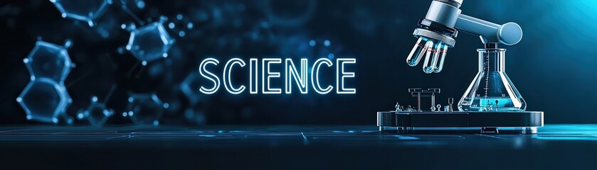 Poster - Innovative science lab with robotic arm and glassware, blue tones and molecular structures, modern technology.