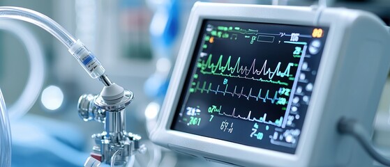 Poster - Medical monitor displaying vital signs in a hospital setting, white isolated background.