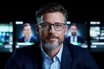 Poster - Professional man in suit with glasses, confident expression in front of multiple screens displaying colleagues.