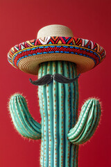 Cactus wearing traditional mexican sombrero hat on red background. Vertical template Cinco de Mayo holiday, Viva Mexico, traditional latin holiday, fiesta creative concept 