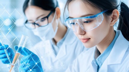 Scientists conducting research in a laboratory, wearing protective gear and working with test tubes.