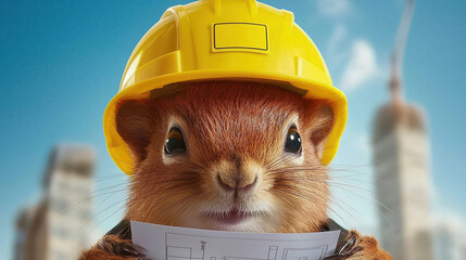 Squirrel wearing a hard hat holds blueprint at a construction site, showcasing teamwork in nature.