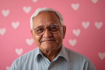 A content Indian grandfather with white hair and brown eyes on Grandfather's Day against a solid pink background with heart patterns 1