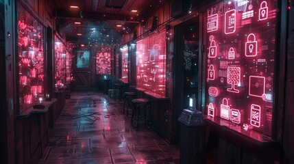 Poster - conceptualize a neon exhibit of cybersecurity symbols, featuring shining padlocks