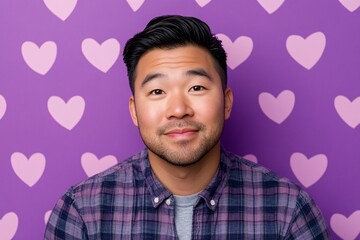 A brunette Asian father with brown eyes on Father's Day against a solid purple background with heart patterns 2