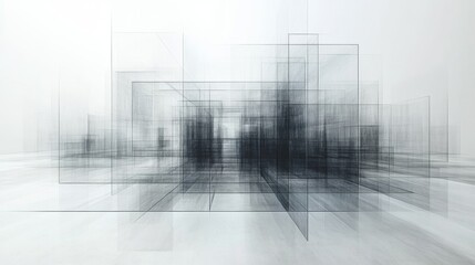 Aufkleber - An intricate interplay of translucent geometric forms fills the space, creating a sense of depth and movement in a minimalist artistic environment.