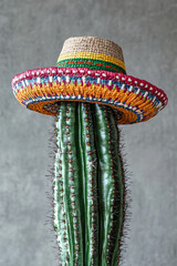 Cactus wearing traditional mexican sombrero hat on grey background. Vertical template Cinco de Mayo holiday, Viva Mexico, traditional latin holiday, fiesta creative concept 