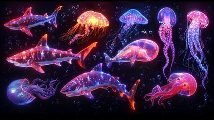 Canvas Print - Produce a neon set of underwater symbols, including shimmering sharks