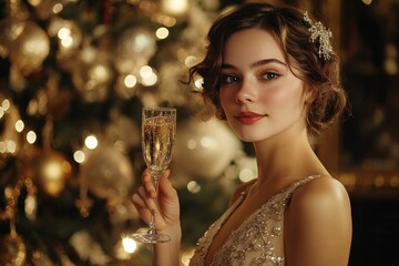 A young woman in an elegant dress, holding a glass of champagne in a decorated ballroom on New Year's Eve 4