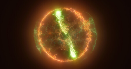 Poster - A glowing electrified sphere of energy with green and orange hues cosmic futuristic phenomenon of science technology or space-related visuals backdrop