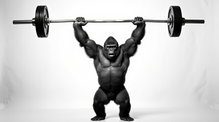 a strong gorilla lifts a heavy barbell in a striking black and white setting, showcasing immense pow