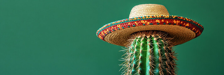 Cactus wearing traditional mexican sombrero hat on green background. Banner template Cinco de Mayo holiday, Viva Mexico, traditional latin holiday, fiesta creative concept with space for text