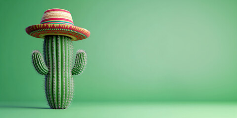 Cactus wearing traditional mexican sombrero hat on green background. Banner template Cinco de Mayo holiday, Viva Mexico, traditional latin holiday, fiesta creative concept with space for text