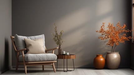 Minimalist boho living room with a large frame on a grey wall and cozy armchair, merging style and comfort