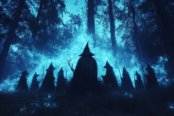 A mystical gathering of witches casting spells in an enchanted forest