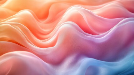 Poster - Soft silk fabric undulates with gentle, flowing waves blending shades of orange, pink, and blue, creating an atmosphere of calm and elegance suitable for creative design.
