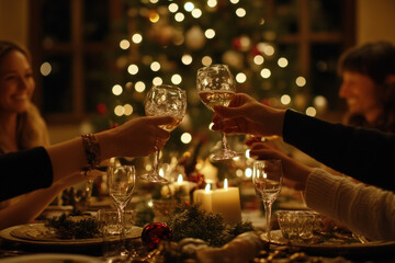 Two people toasting glasses over a dinner table, smiling and celebrating.