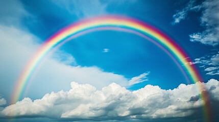 a vibrant rainbow arching across a deep blue sky after a summer rainstorm, vivid colors contrasting 