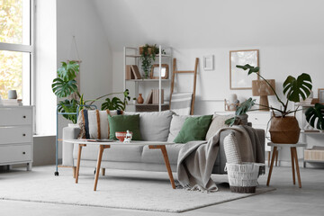 Wall Mural - Cozy sofa, coffee table and houseplants in interior of living room