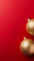 Gold Christmas balls lay on red background. New year decoration, Christmas celebration, festive atmosphere concept. For greeting card, banner and invitation