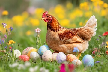 A hen with Easter eggs in a colorful wildflower field, no people 2