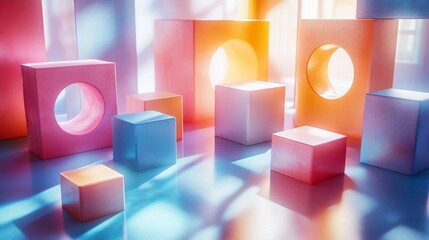 Leinwandbilder - Brightly colored geometric shapes of various sizes and forms are arranged on a shiny surface, illuminated by soft light creating gentle shadows in a cheerful space.