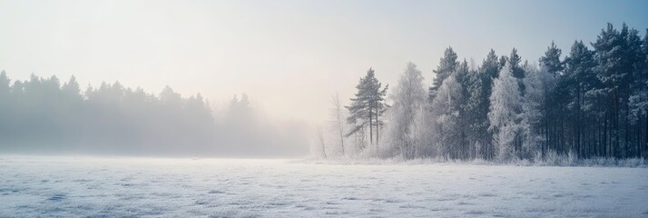 Poster - Misty winter forest scene with snow-covered ground and frosty trees in the morning light. Perfect for Christmas.