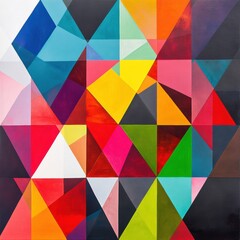 Fototapete - The artwork showcases vibrant triangles and geometric shapes in a striking arrangement against a contrasting black backdrop. Generative AI