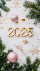 Poster - Elegant horizontal layout with 2025 in gold amidst Christmas decorations, perfect for festive promotional materials.