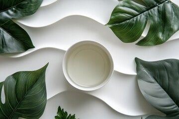 Aufkleber - A delicate tea cup rests among vibrant green leaves on a soft, undulating white surface, creating a peaceful and calming atmosphere. Generative AI