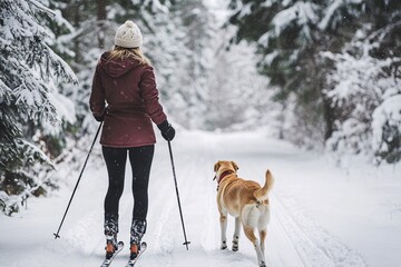 Young woman with a dog, wearing a ski jacket and mittens, cross-country skiing in a snowy mountain forest 2