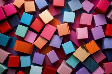 Poster - Various small gift boxes in bright colors are spread out on a surface, showcasing their different sizes and cheerful designs. Generative AI
