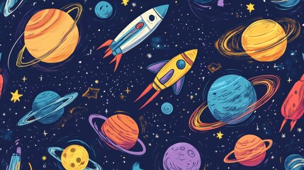 Poster - Vibrant cosmic doodles showcase various planets, rockets, stars, and asteroids in a whimsical space-themed artwork. Generative AI
