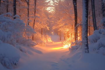 A tranquil forest covered in fresh snow at dawn, with soft morning light illuminating the trees and creating a magical ambiance.

