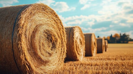 Harvested hay bales are showcased under a sunny sky, surrounded by vibrant autumn scenery that highlights the beauty of fall. Generative AI