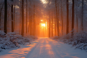 A tranquil forest covered in fresh snow at dawn, with soft morning light illuminating the trees and creating a magical ambiance.

