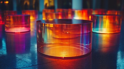 Fototapete - Translucent cylinders in vibrant colors are scattered across a polished surface, creating an artistic ambiance during evening hours in an urban setting.