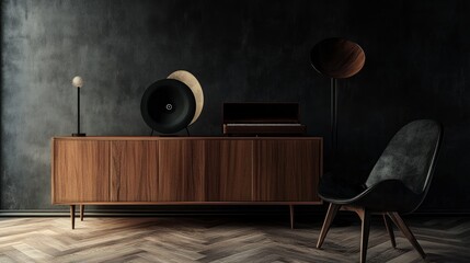 A black chair and a wooden cabinet with a gramophone in a dim, vintage room
