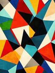 Poster - Vibrant triangular shapes in various colors create a striking geometric abstraction, showcasing bold contrasts and intricate designs. Generative AI