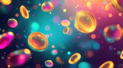 Wall Mural - Retro wallpaper with gold coins and vibrant gems on a deep gradient backdrop