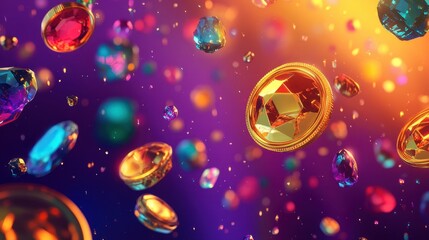 Canvas Print - Neon gems and gold coins hover over a gradient purple-yellow wallpaper backdrop