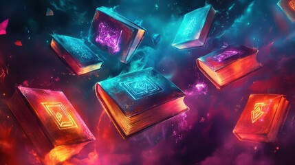 Sticker - Glowing magical books with neon lights float on a smoky dark wallpaper backdrop