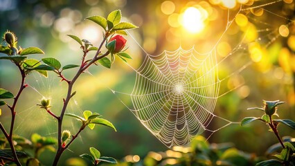 Delicate spider net on rose branches in morning sun with mist drops